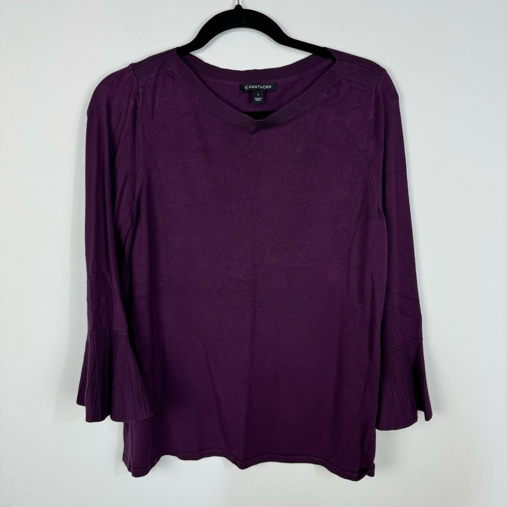 41 Hawthorn Purple Bell Statement Sleeve Knit Crewneck Sweater